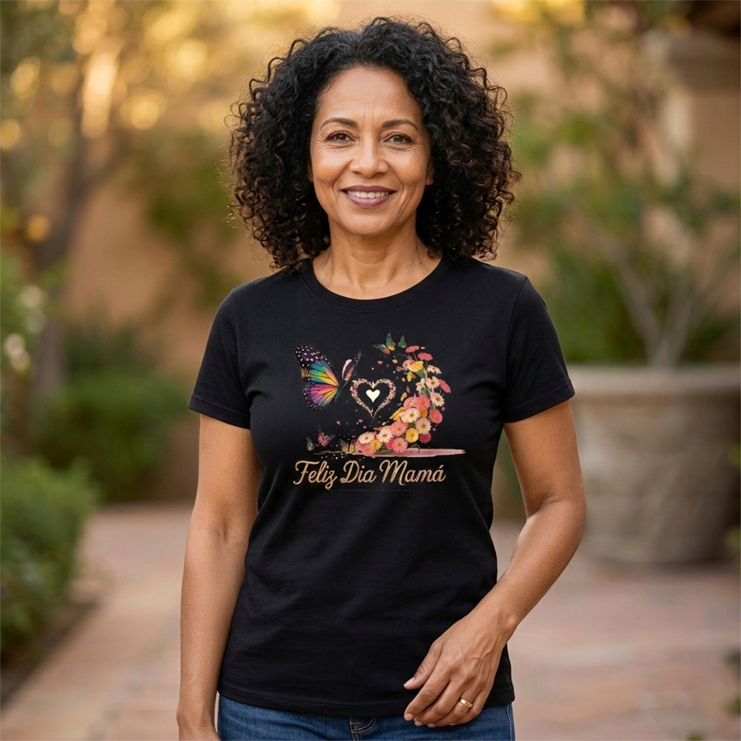 Playera de Dama "Feliz Día Mamá. Diseño Floral con Mariposas y Corazón - Image 3