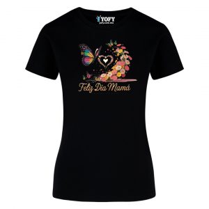 Playera de Dama "Feliz Día Mamá. Diseño Floral con Mariposas y Corazón
